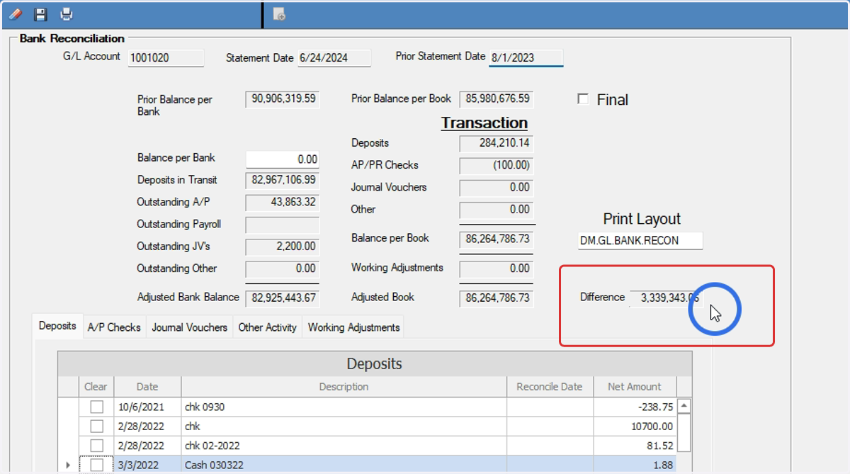 Confirm that the difference is ZERO once all transactions have been checked off