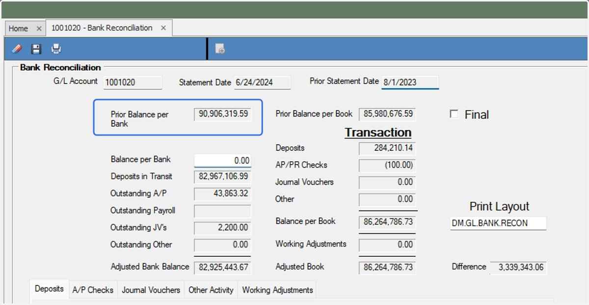 Enter your ending balance from your bank statement in the Balance per Bank field.