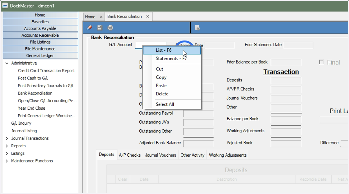 Enter the G/L Account by typing, right click and list, or F6 to search