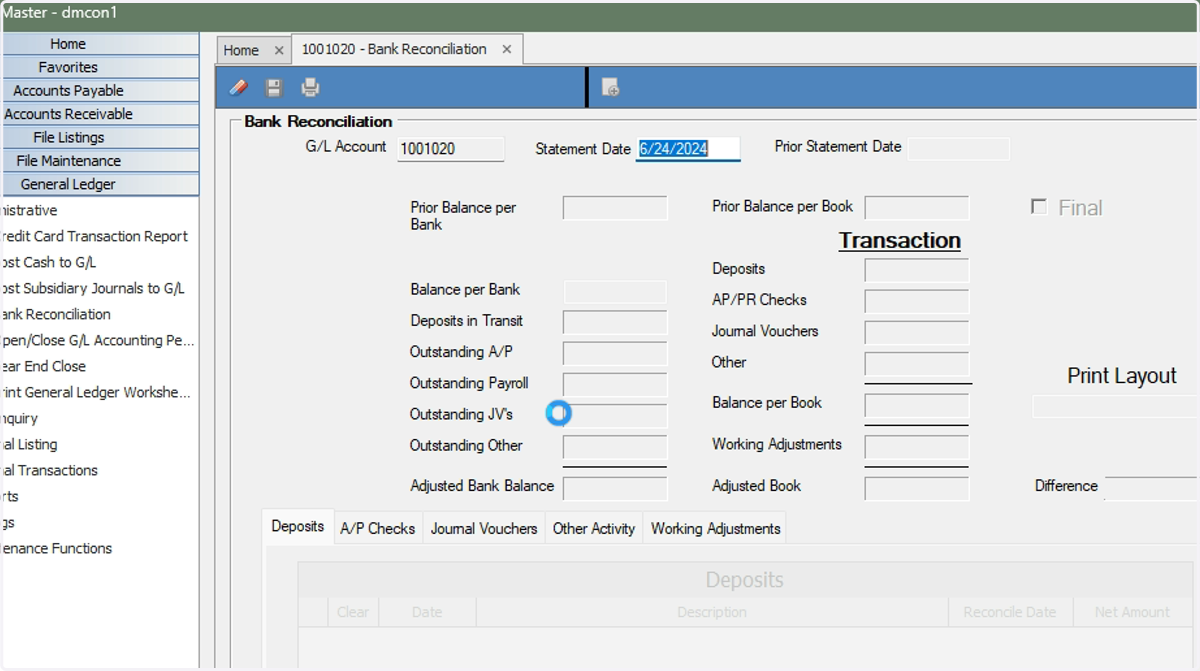 Enter the statement date from your bank statement and press enter to expand the fields