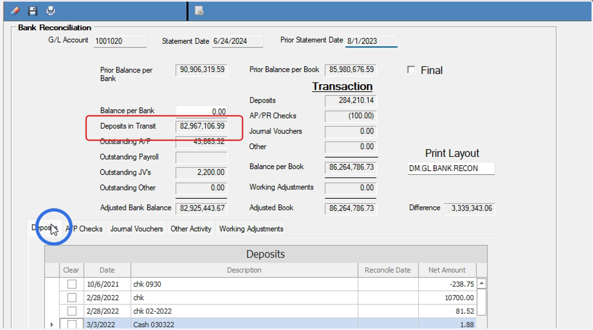 Deposits: check off all cleared deposits from the bank statement