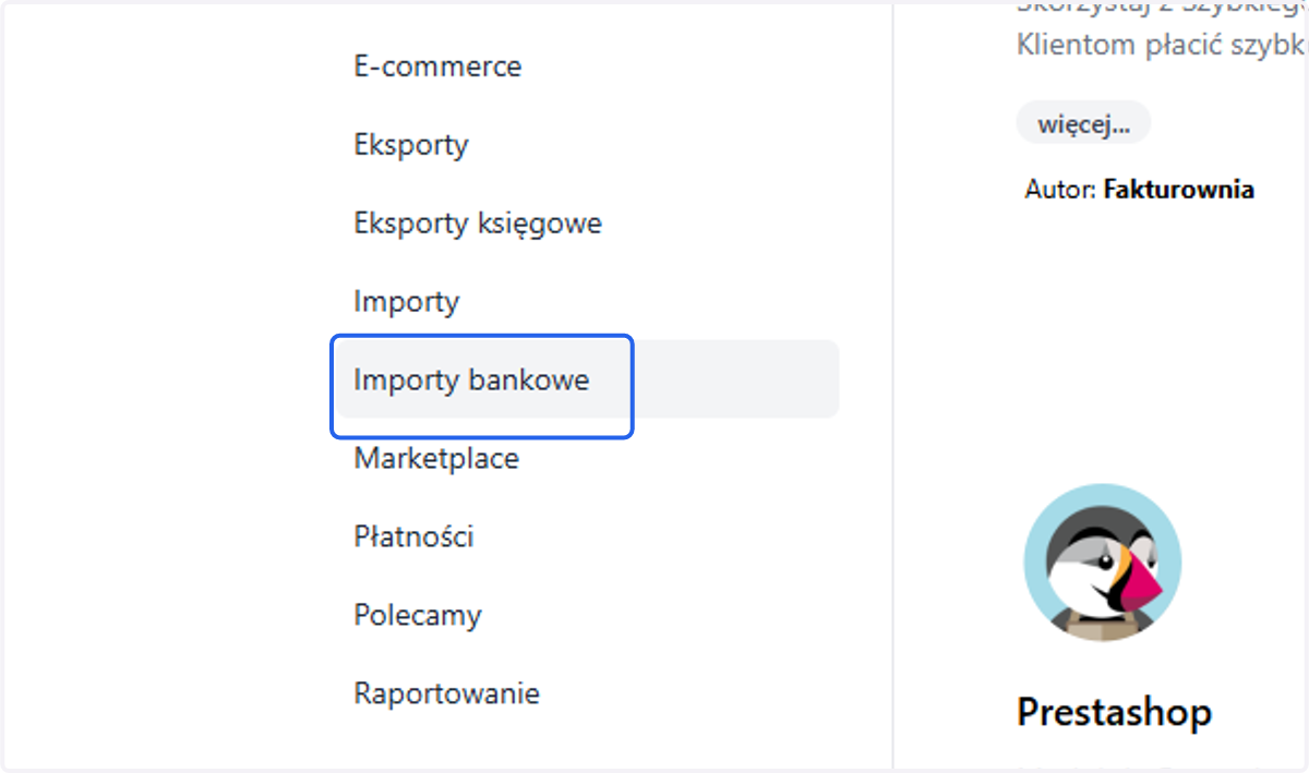Z listy kategorii wybierz 'Importy bankowe'. Możesz również skorzystać od razu z wyszukiwarki na liście aplikacji.