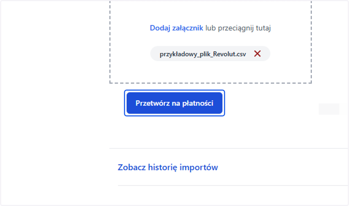 Aby przetworzyć plik, kliknij przycisk 'Przetwórz na płatności', który pojawi się po wgraniu pliku.