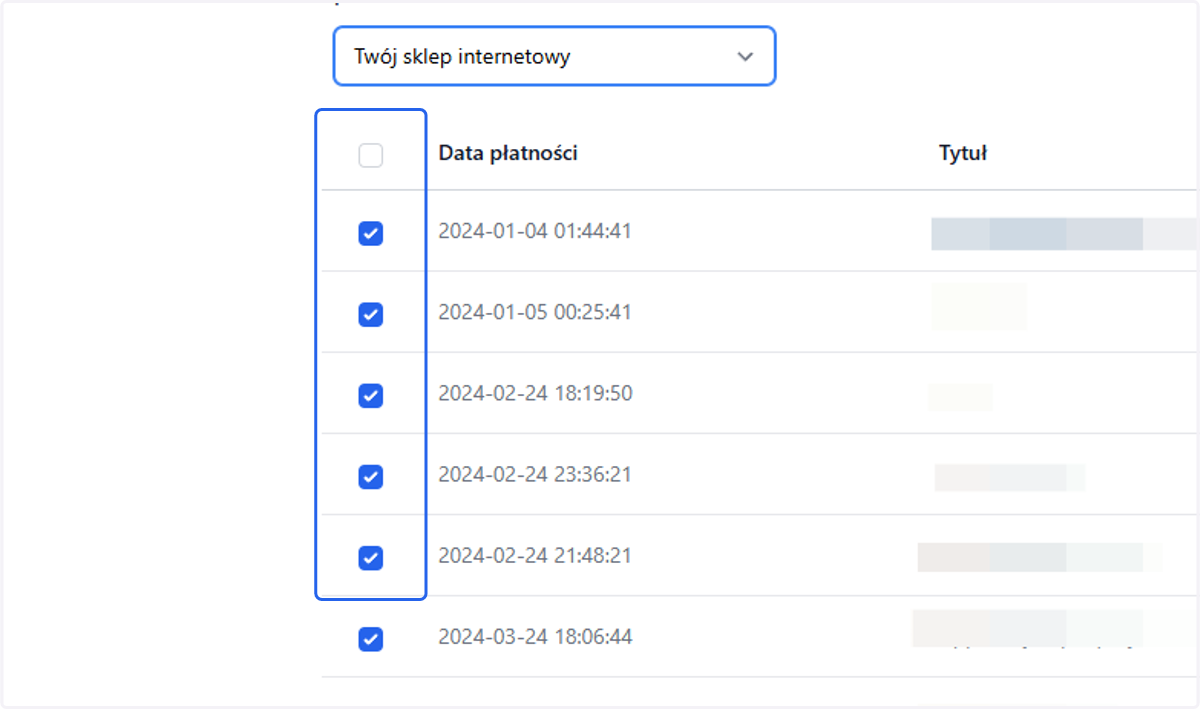 Za pomocą checkbox'ów dostępnych na liście możesz wybrać, które płatności z pliku mają się zaimportować. Domyślnie aktywne będą wszystkie płatności.
