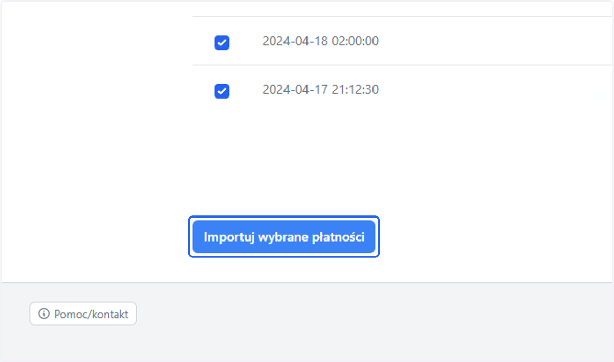 Rozpocznij import za pomocą przycisku 'Importuj wybrane płatności'.