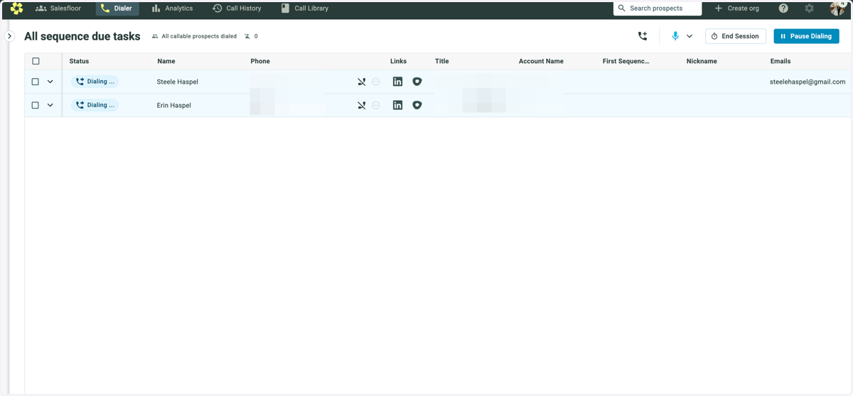The settings bar on the left will collapse and you will begin dialing. Prospects being dialed will be highlighted in blue.