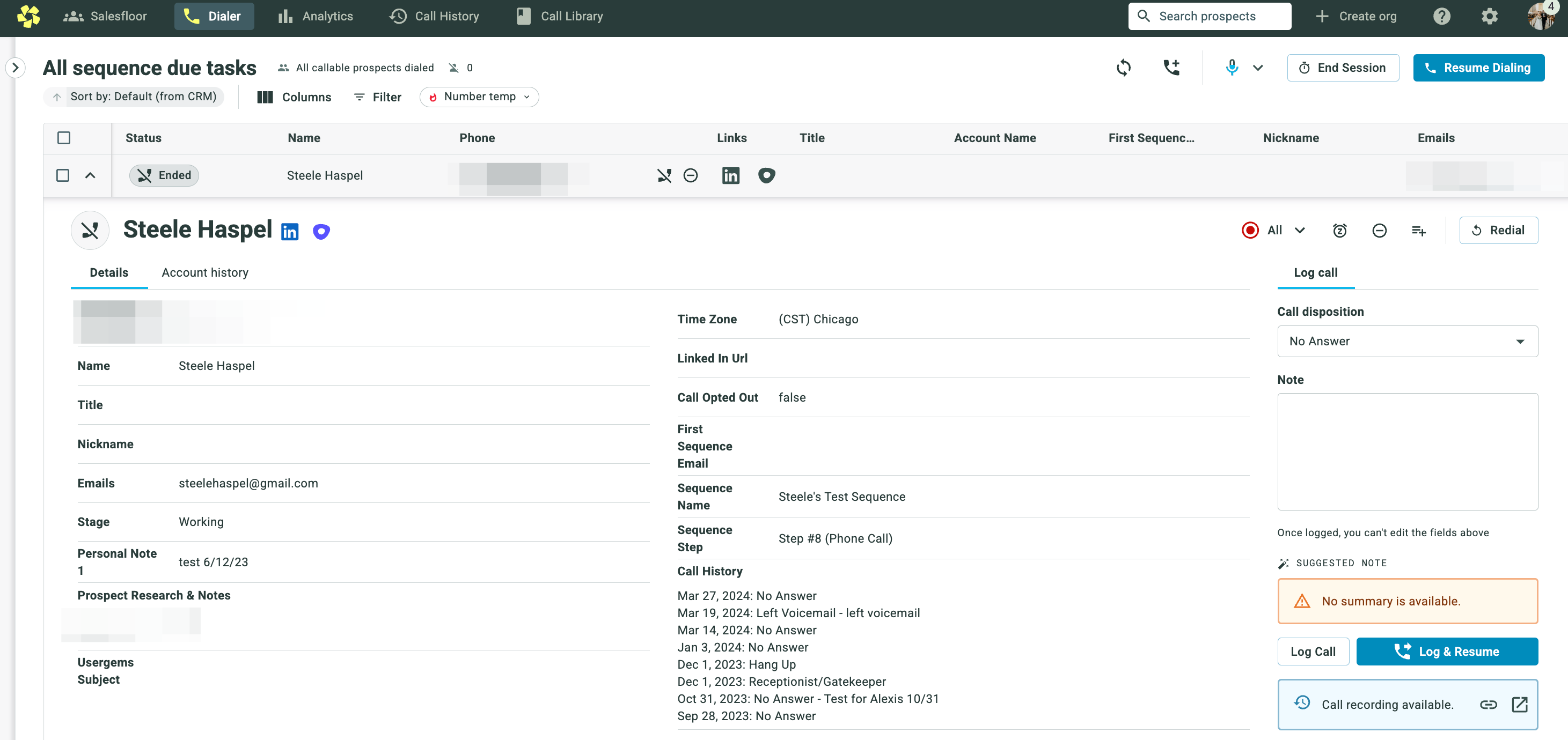 You will hear a BEEP and the Orum screen will change to the prospects page with all your relevant fields. The most important thing is to SPEAK QUICKLY after the beep, the faster you speak the less the prospect is waiting on the line without a respons