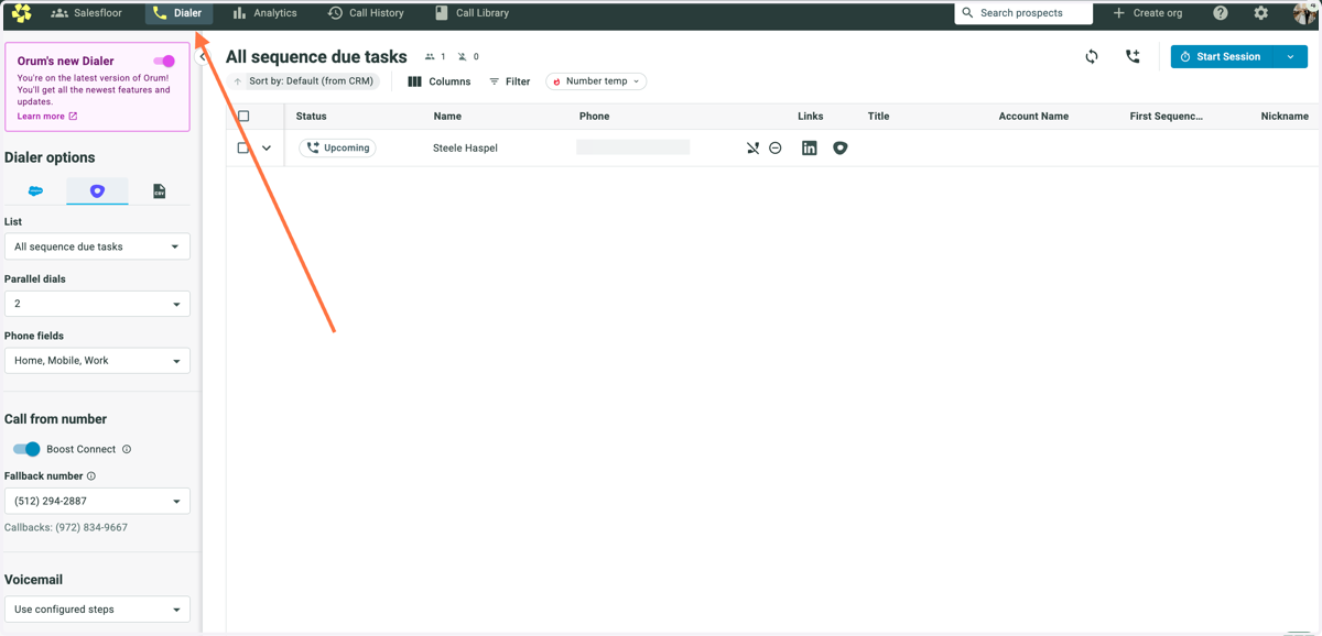 Start in the Dialer tab