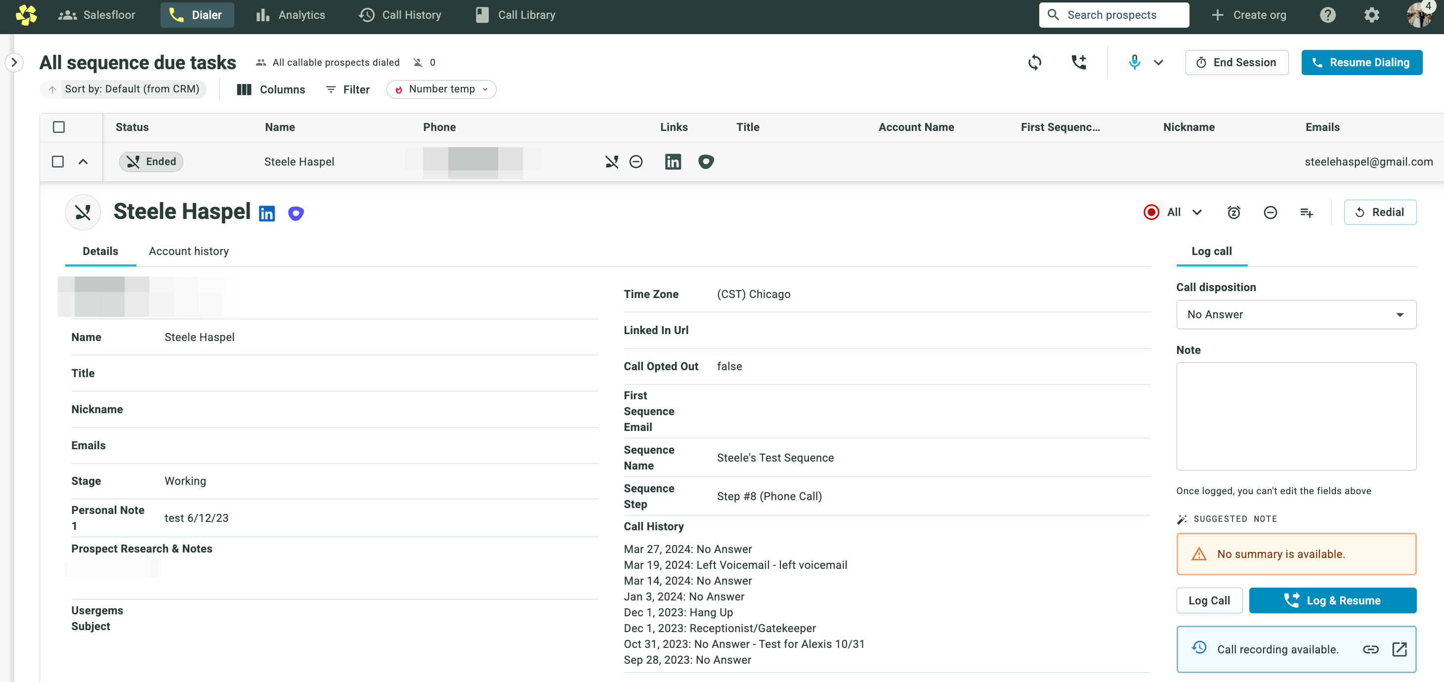 On the righthand side, log the Disposition of the call. This is very important to do correctly as it can impact what happens to the Prospect in the integrated platform. You can also write in notes from the call that will post in the integrated system