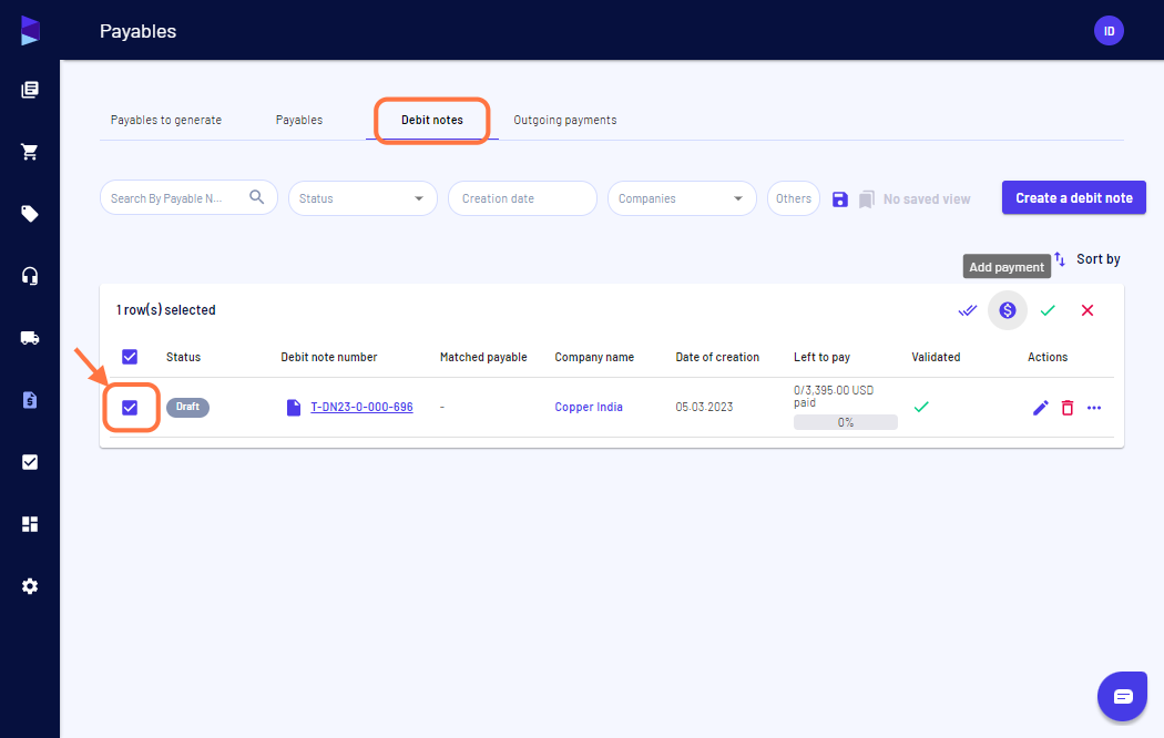 In the "Debit Notes" tab, select the invoice and click on "Add payment"