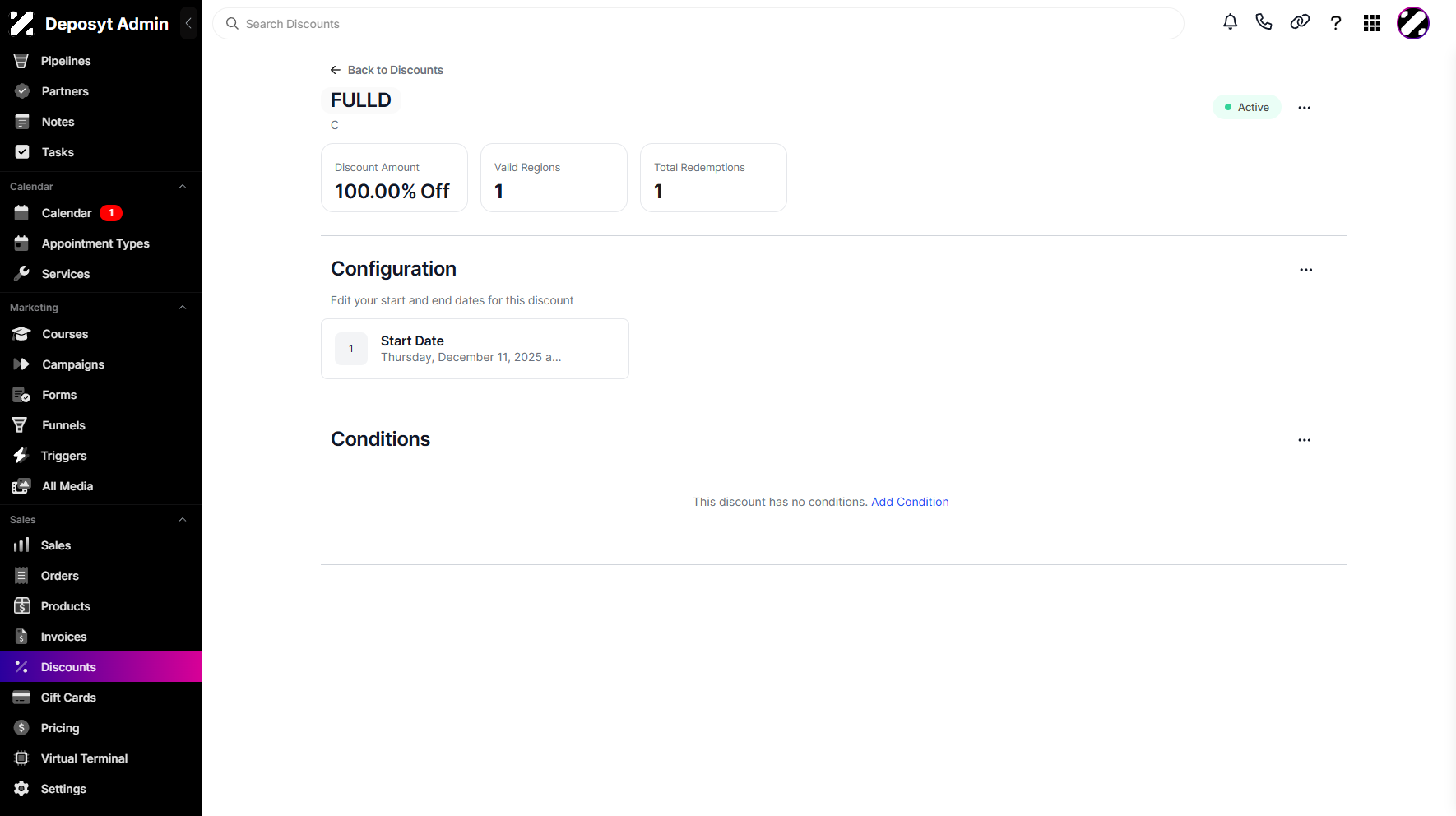 Step 5: You will then be navigated to a new page where you can configure your discount. You can edit the discount details, configuration, and conditions.