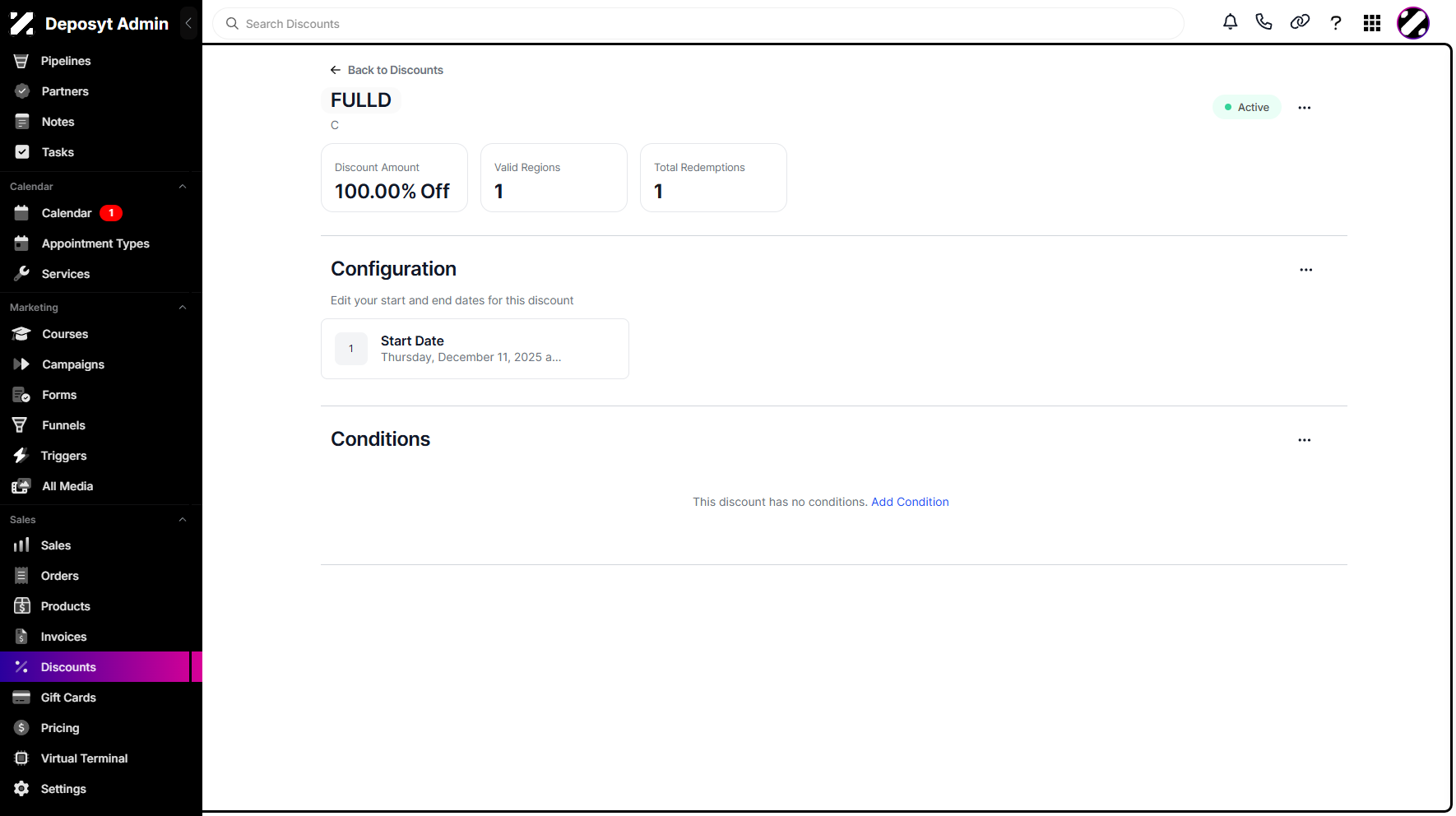 Step 5: You will then be navigated to a new page where you can configure your discount. You can edit the discount details, configuration, and conditions.