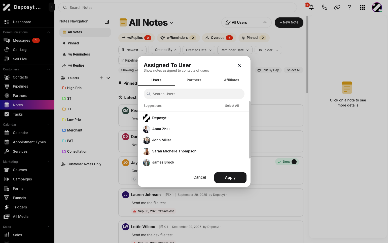 Step 3: A pop-up will appear with a list of users you can select. Check the user(s) you want to filter from users, partners or affiliates.