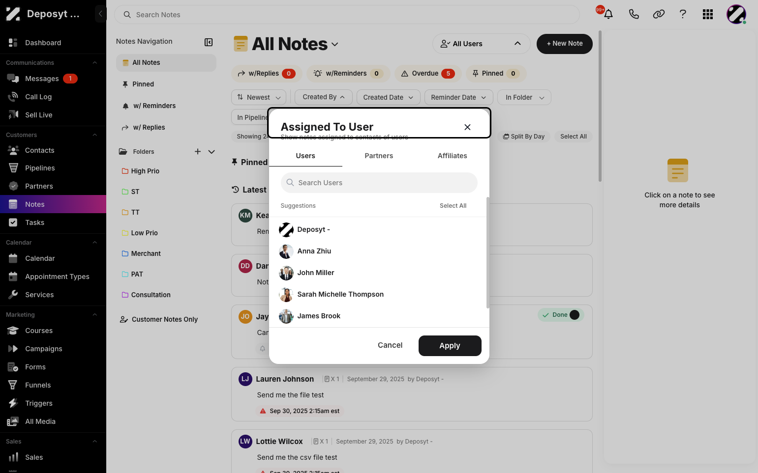 Step 3: A pop-up will appear with a list of users you can select. Check the user(s) you want to filter from users, partners or affiliates.