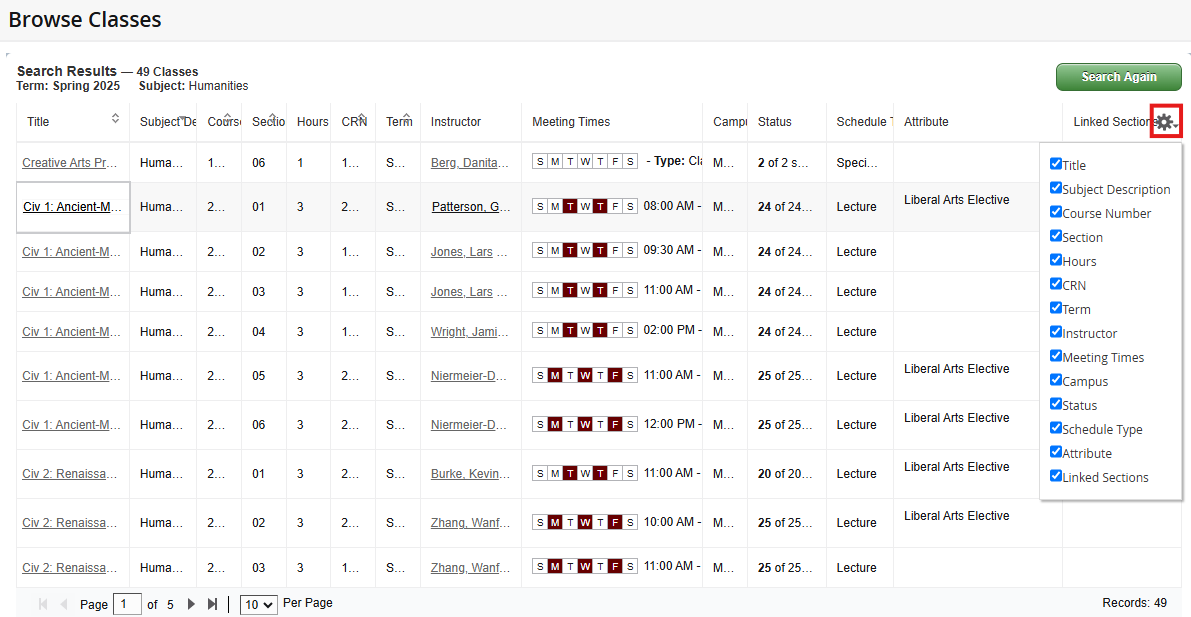 To customize your Browse Class view, you can select the cogwheel on the upper right and select/deselect items.