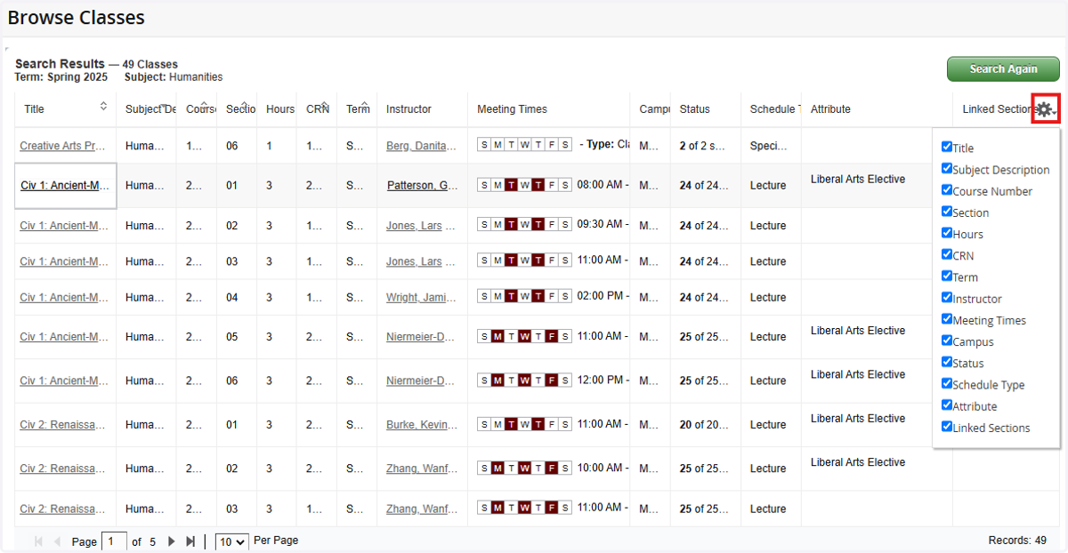 To customize your Browse Class view, you can select the cogwheel on the upper right and select/deselect items.