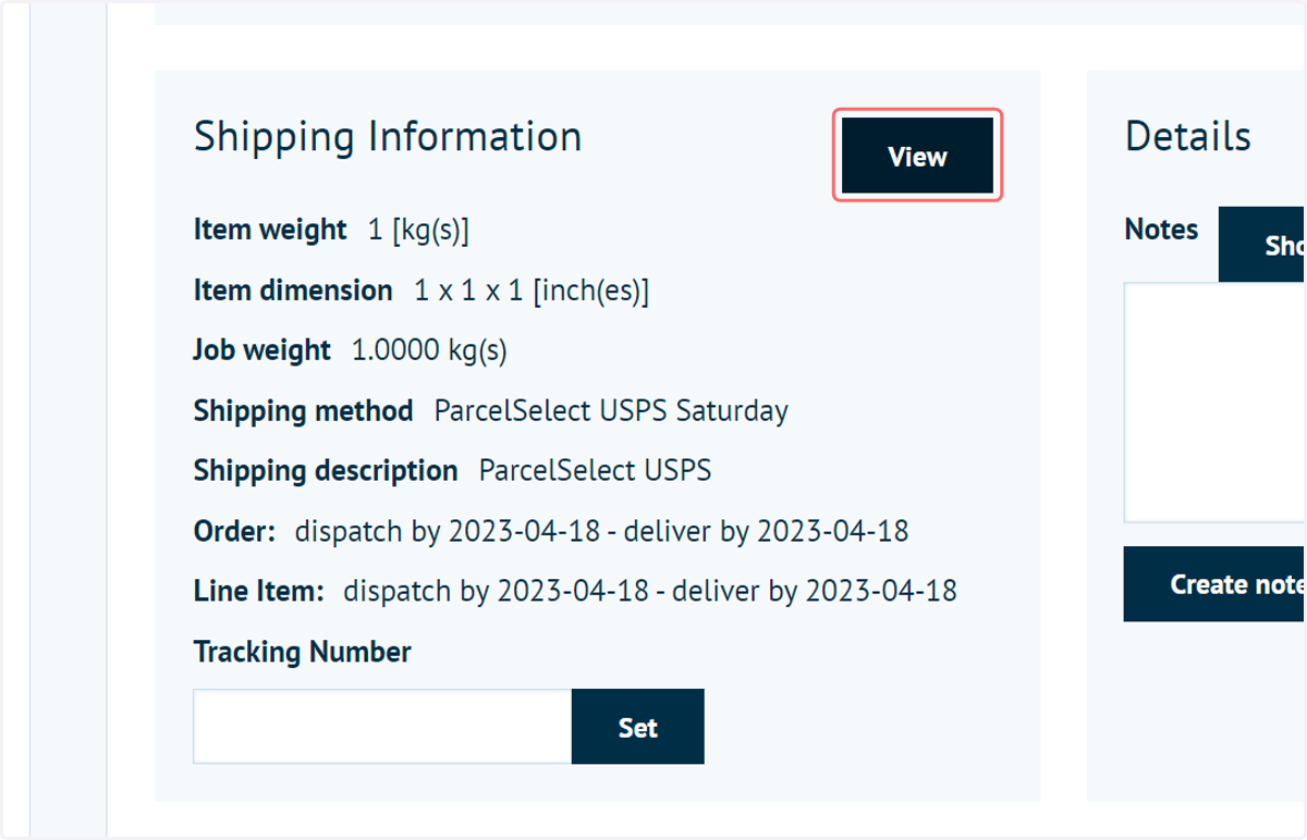 Click on View under Shipping Information for this order