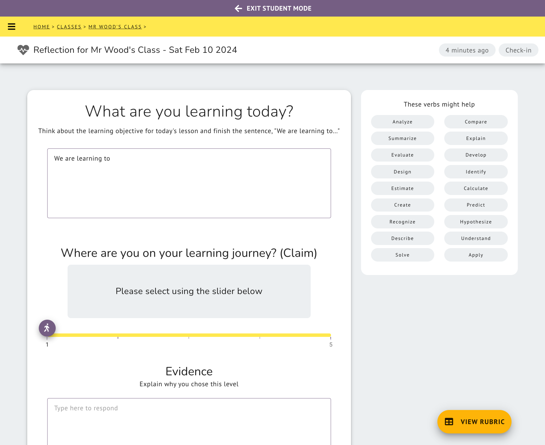 VIEW RUBRIC When completing a Check-in