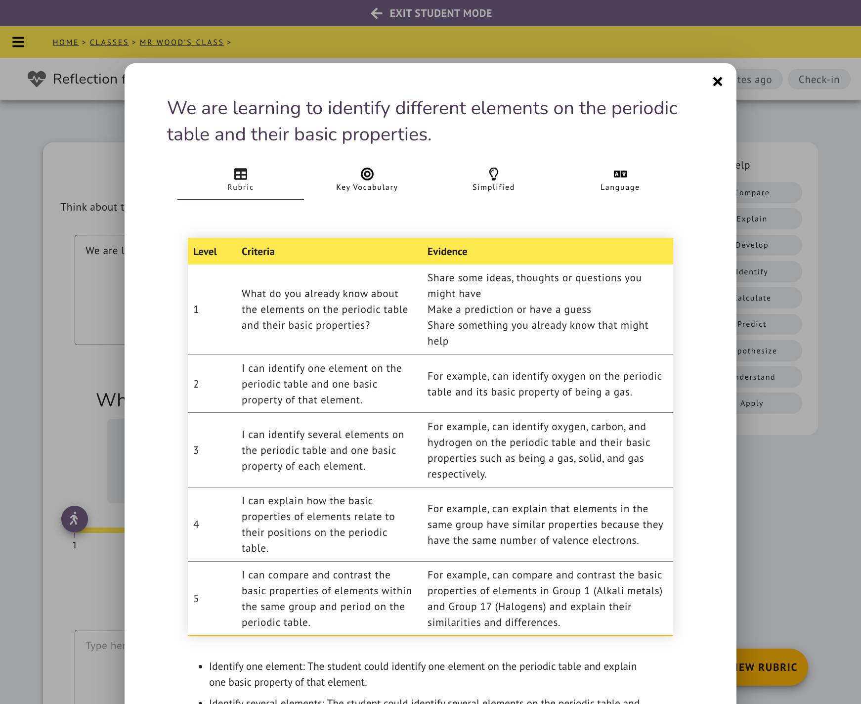 Students can navigate through all parts of the rubric