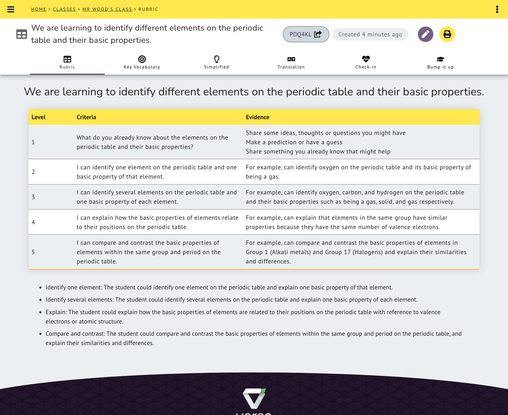 Click on the share button to share the Rubric with your students