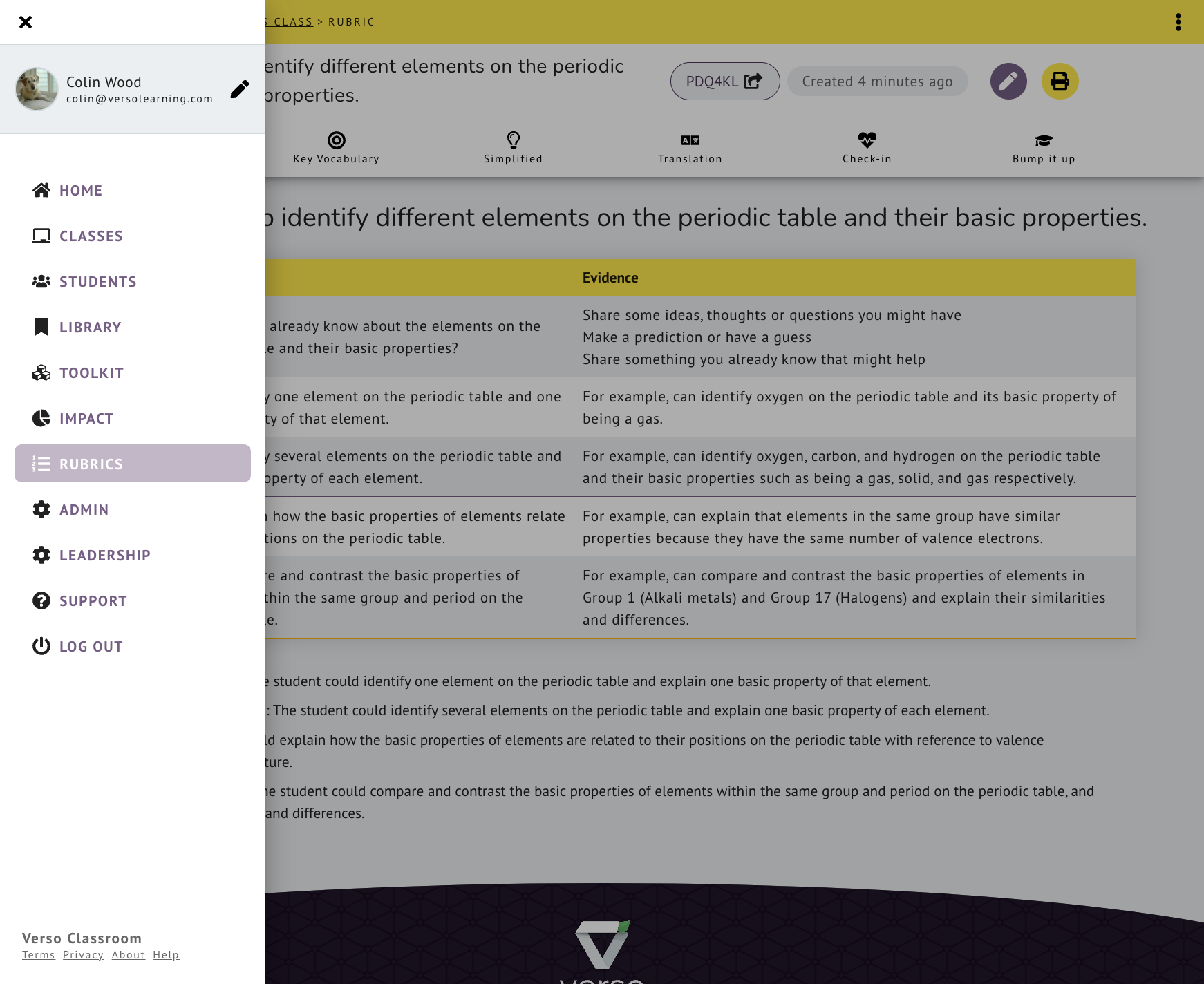 All Rubric can be accessed from the main menu