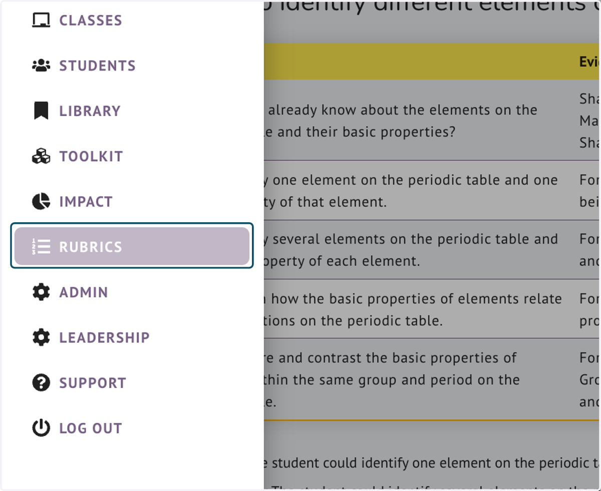 All Rubric can be accessed from the main menu
