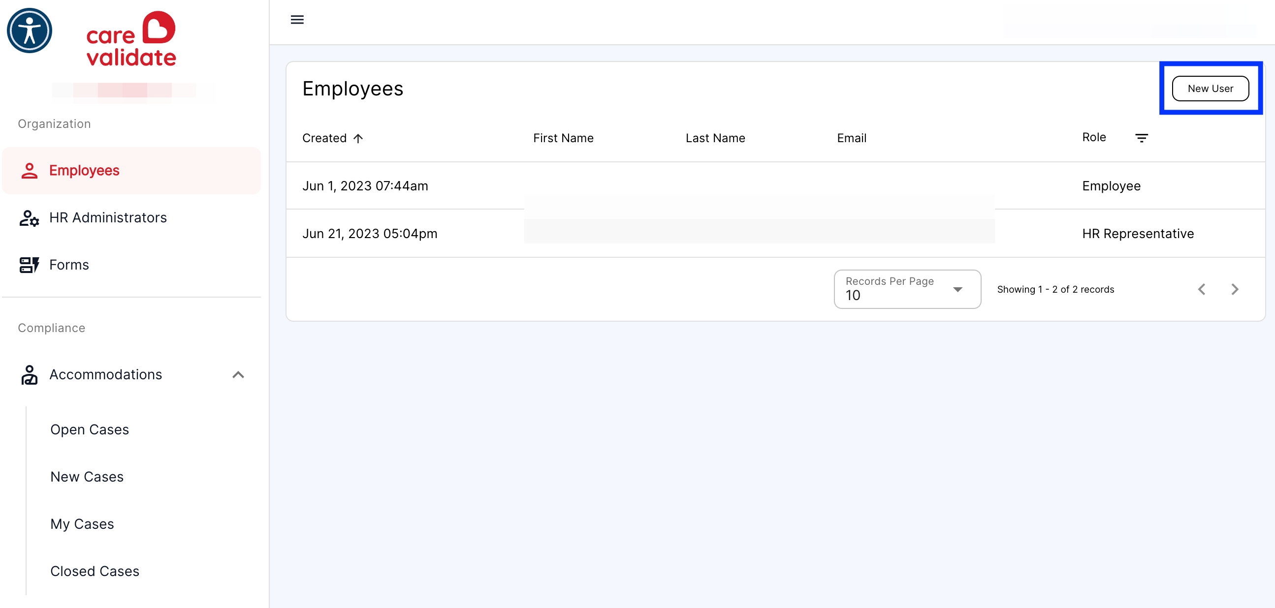 From the Employees Menu, click the New User button in the top right-hand corner