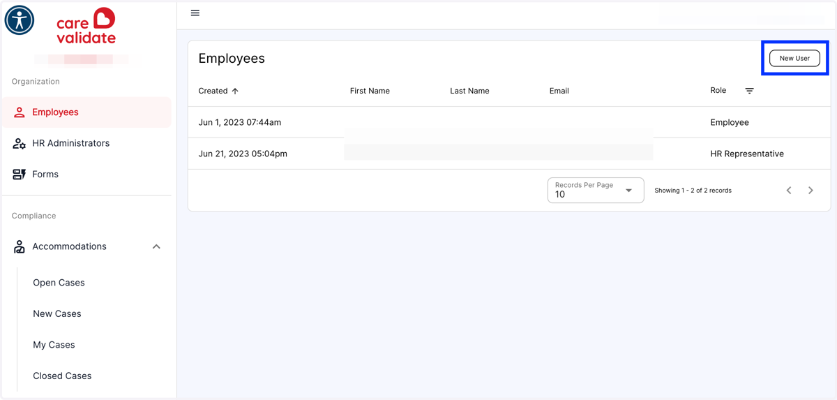 From the Employees Menu, click the New User button in the top right-hand corner