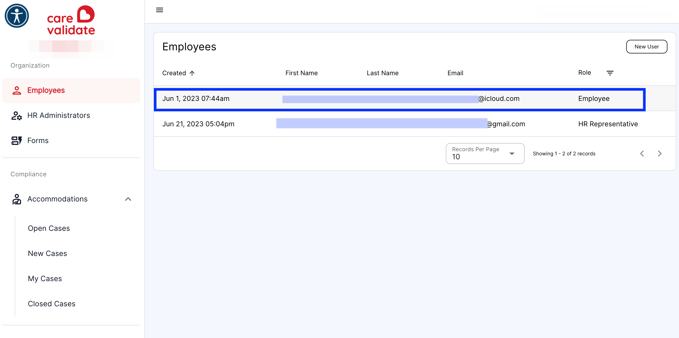 Click on the employee entry