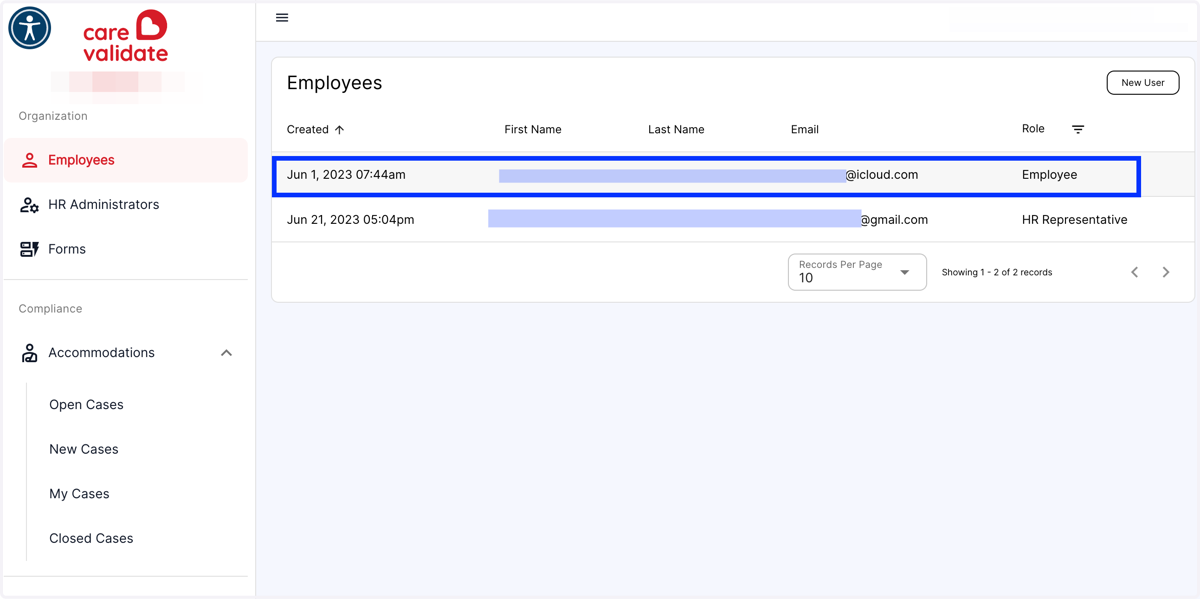Click on the employee entry