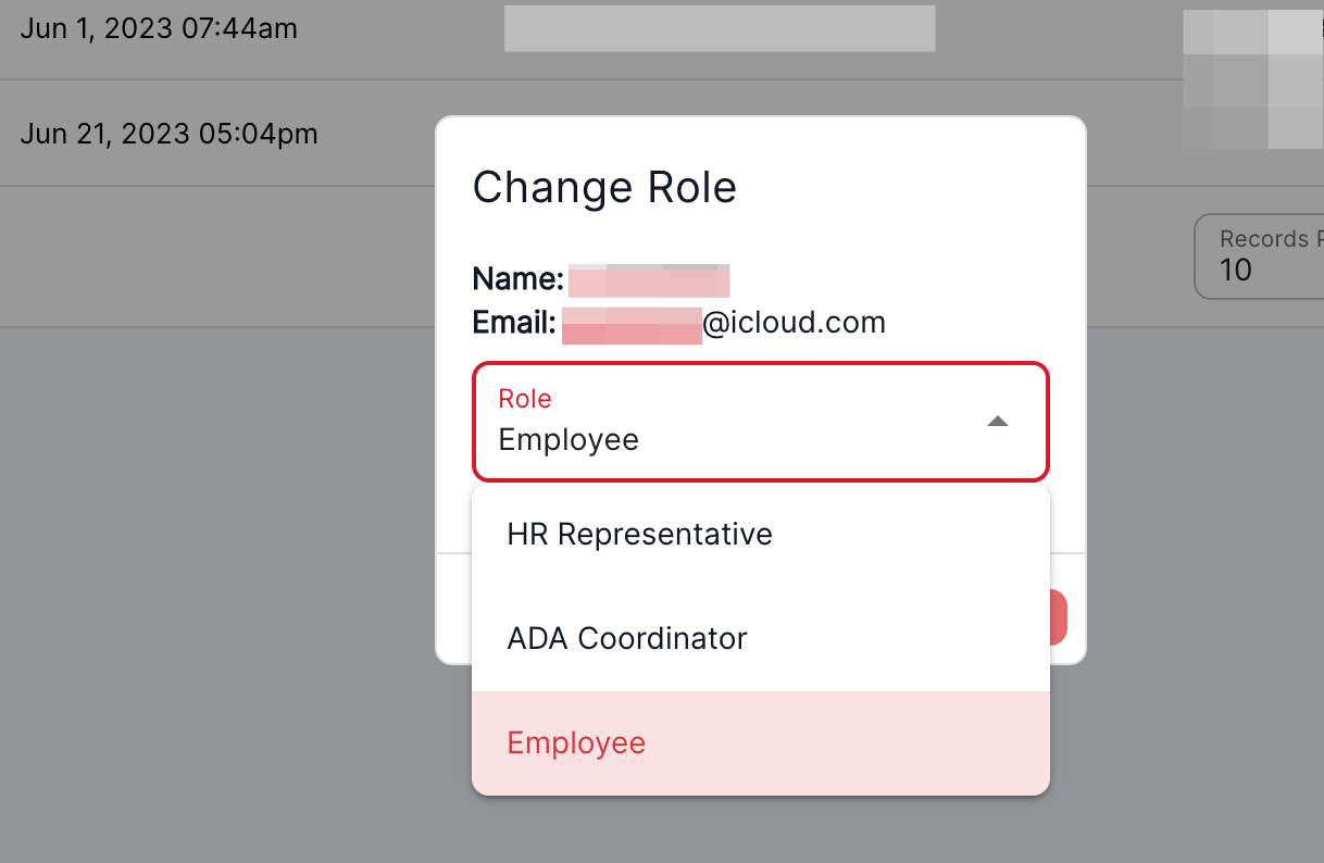 Select the role for the employee from the drop down list