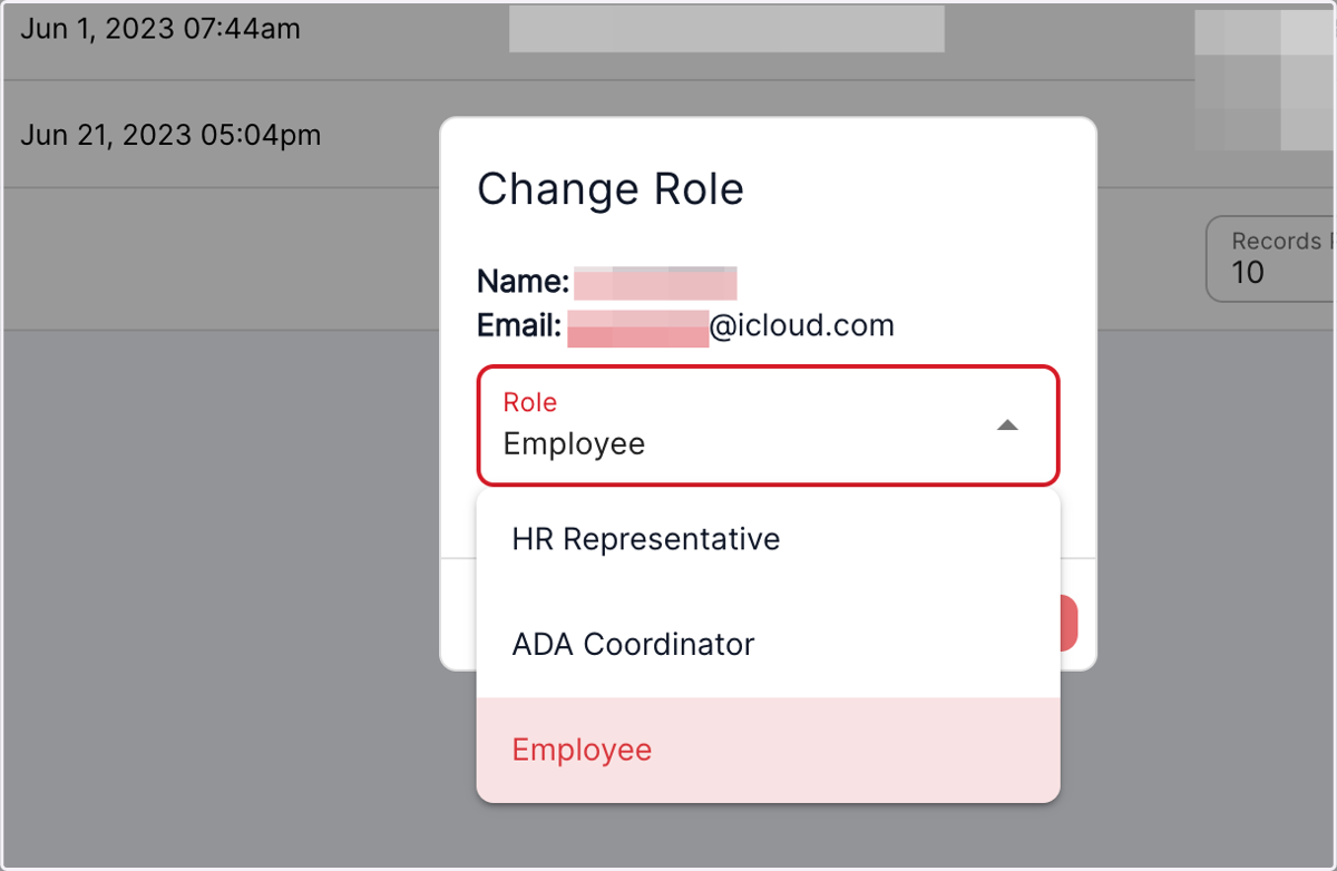 Select the role for the employee from the drop down list