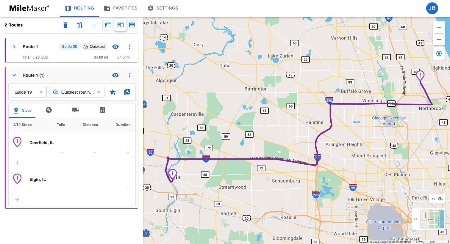 In the new route, the origin and destination have a red error icon, indicating that a match was not found in Guide 19. You'll need to update each stop manually.