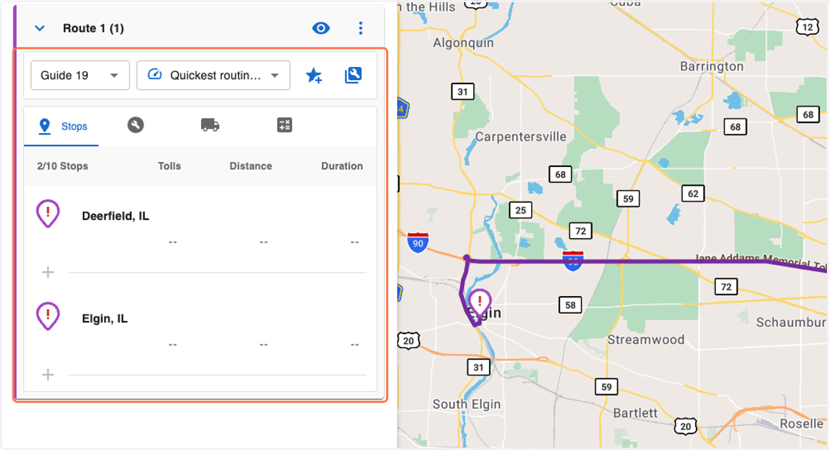 In the new route, the origin and destination have a red error icon, indicating that a match was not found in Guide 19. You'll need to update each stop manually.