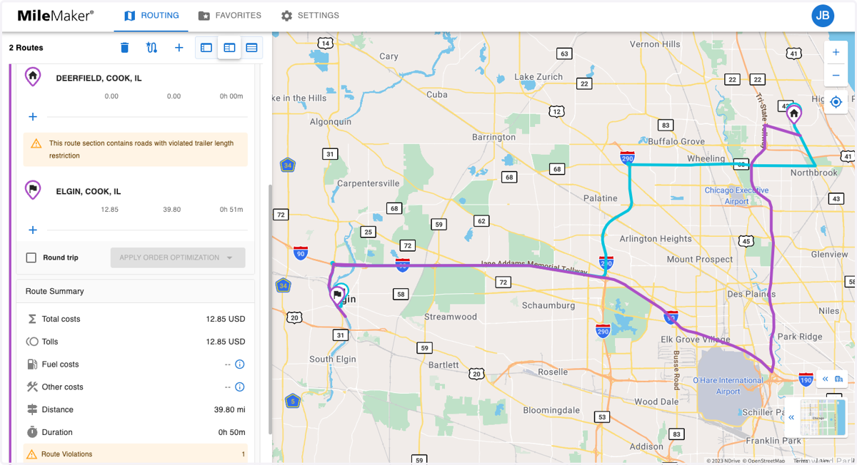 The Guide 19 version of the route has been created successfully, and you can compare it to the Guide 20 version on the same map.