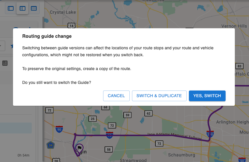 A message will appear explaining some of what might happen when changing guides. We recommend creating a copy of the route when doing this to preserve the original.