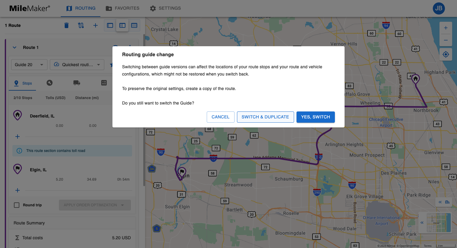 Click on SWITCH & DUPLICATE to create a copy of the Route in Guide 19