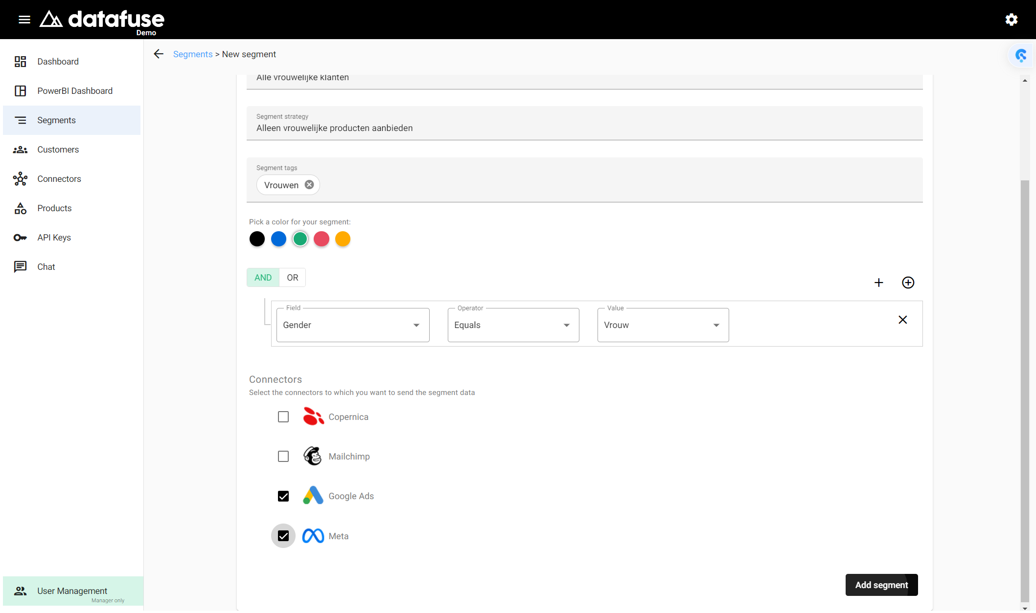 Klik vervolgens op 'add segment' om het segment toe te voegen aan je feed. Je kan nu de criteria gebruiken om klanten te filteren.