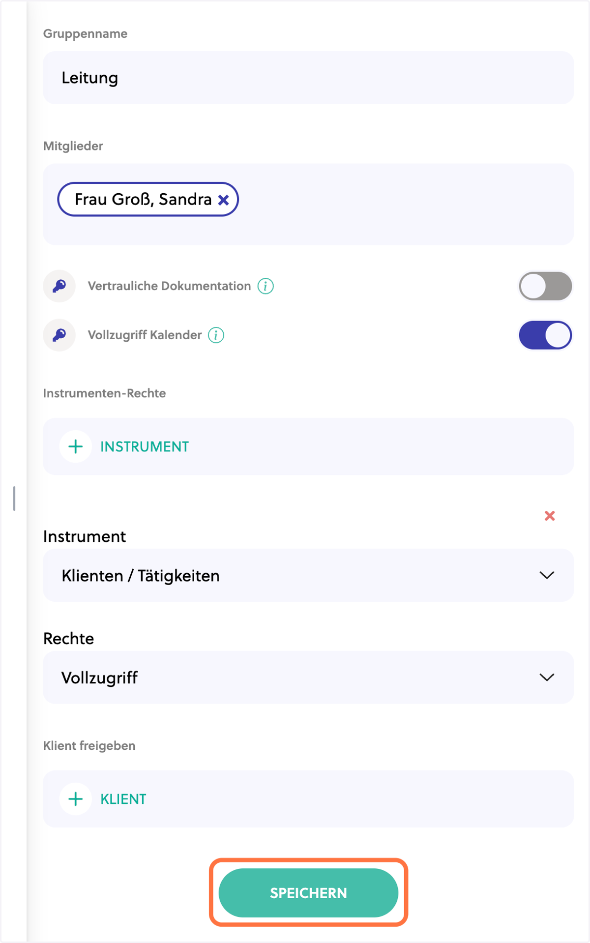Mit dem Klick auf Speichern wird die Gruppe angelegt.