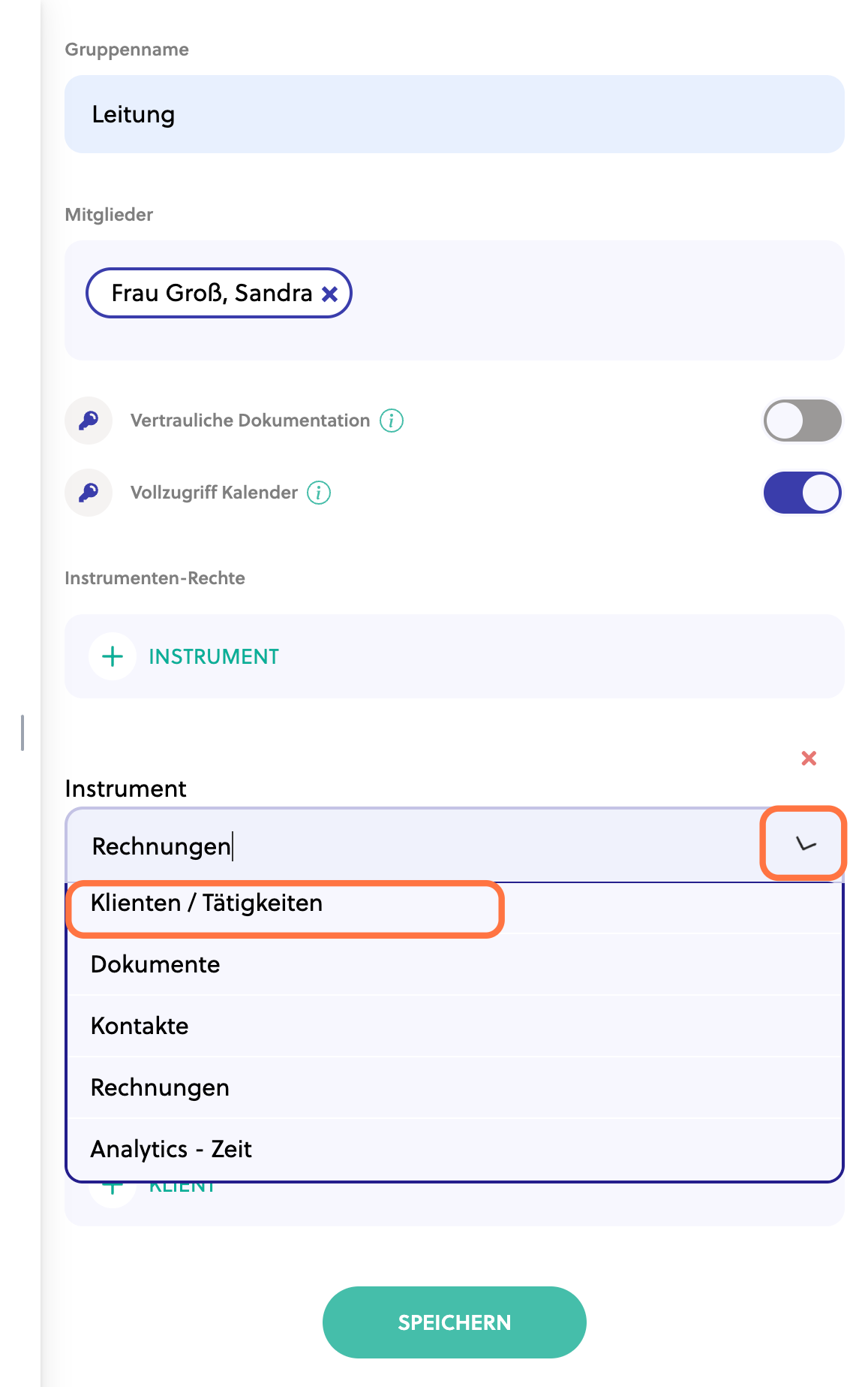 Wähle das Instrument aus, in dem Du auf den Pfeil und dann auf einen Instrumentennamen klickst.