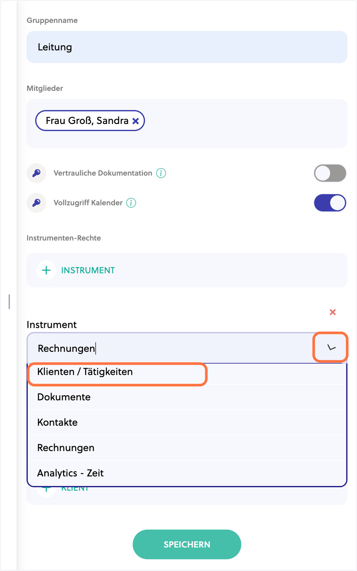 Wähle das Instrument aus, in dem Du auf den Pfeil und dann auf einen Instrumentennamen klickst.