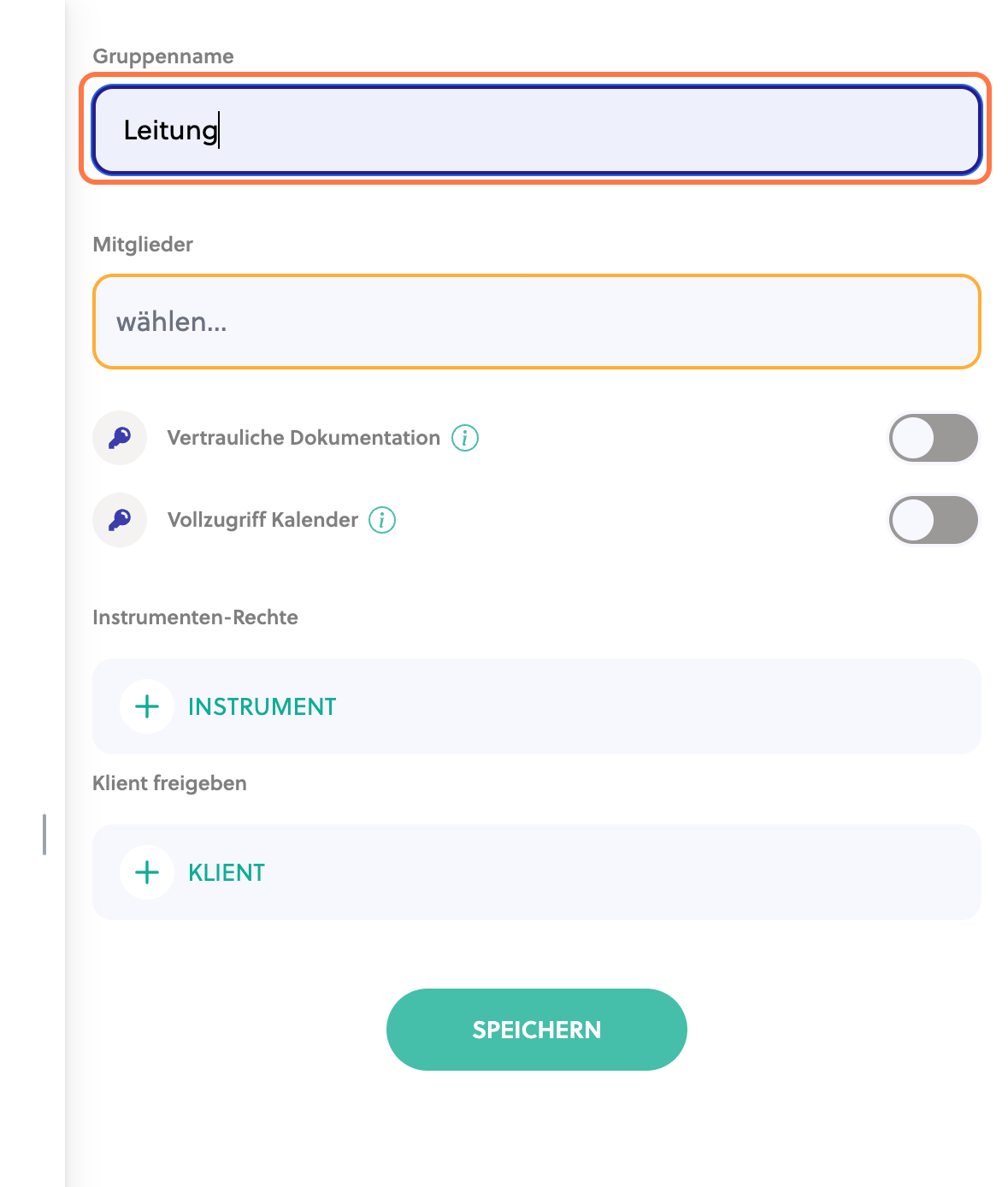Gib eine Bezeichnung der Gruppe ein, wie z. B. "Leitung".