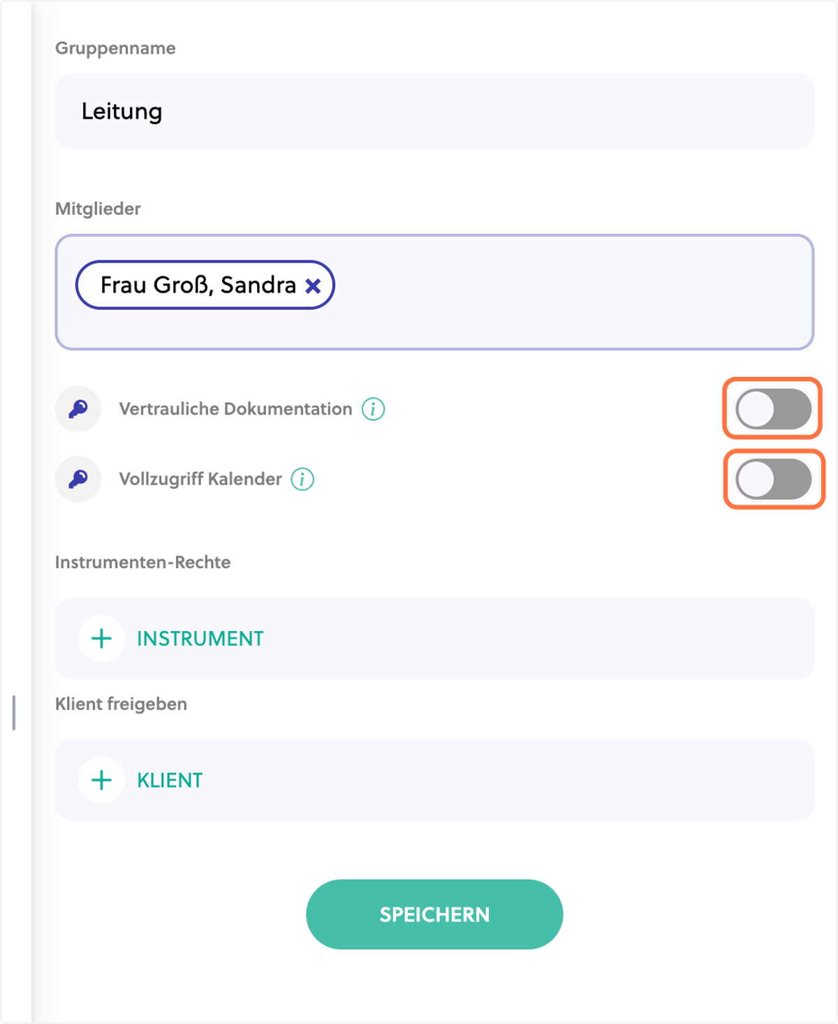 Wenn die Mitglieder dieser Gruppe vertrauliche Dokumentationen erstellen und lesen oder Zugriff auf die Kalender aller Teammitglieder gewährt bekommen sollen, dann aktiviere diese Option.