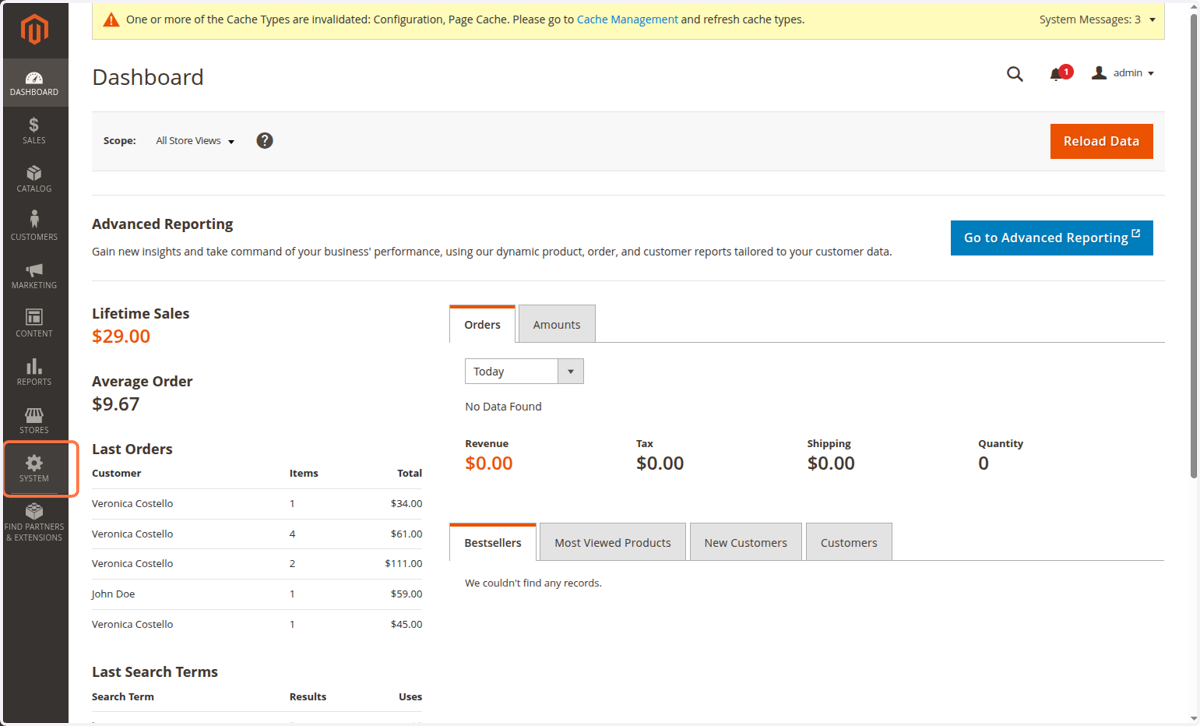 Log into the Magento Admin Dashboard and click on SYSTEM in the left hand menu
