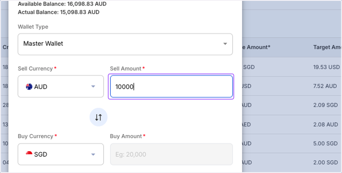 Specify either your Buy Amount or Sell Amount