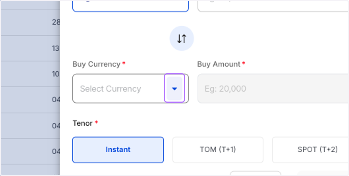 Choose your Buy & Sell Currencies