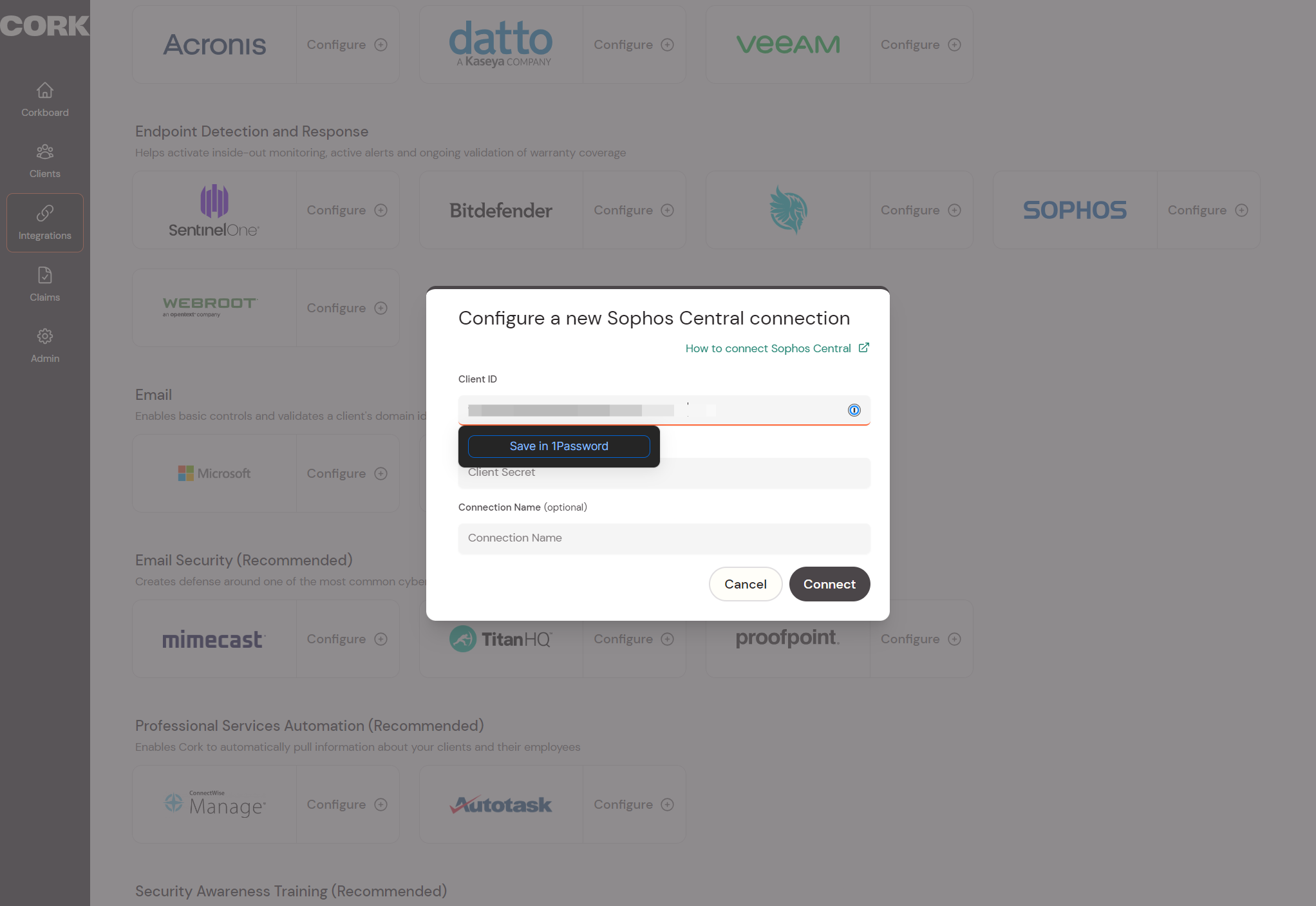 Copy and paste the client ID from the Sophos portal into the Client ID field