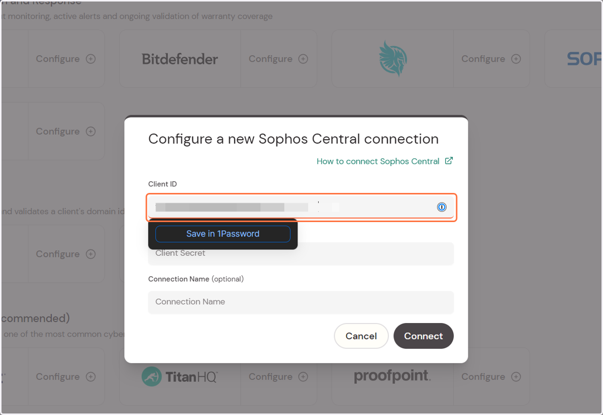 Copy and paste the client ID from the Sophos portal into the Client ID field