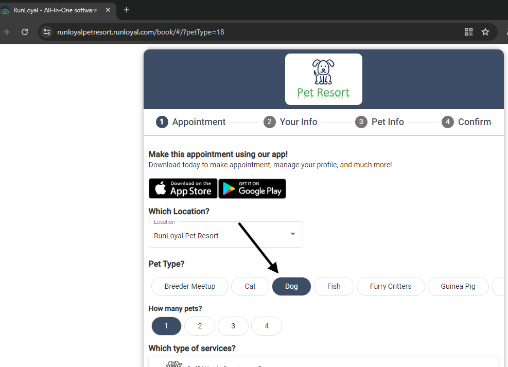 Now, scheduling a web appointment with a specific pet type is effortless. Simply append '?petType=18' to the default web appointment URL.