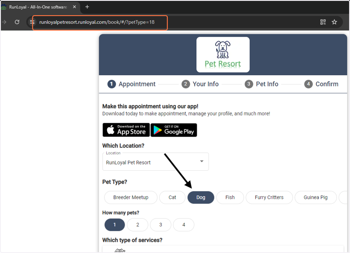 Now, scheduling a web appointment with a specific pet type is effortless. Simply append '?petType=18' to the default web appointment URL.